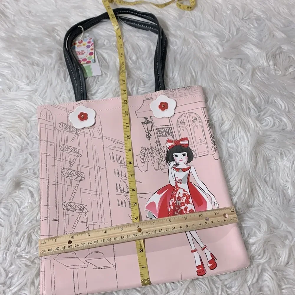 KURHN novelty print tote bag pink/cream magnetic closure slip pocket
